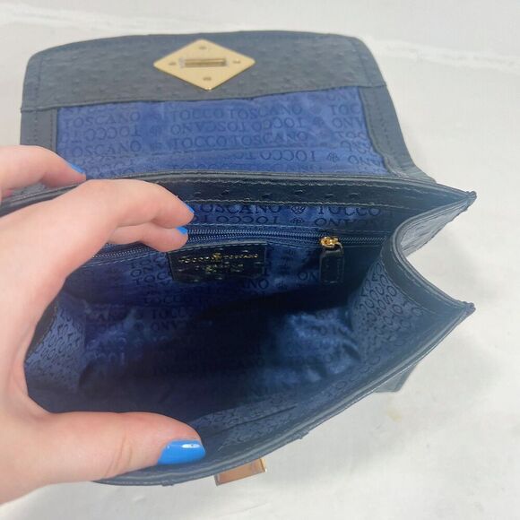 Vintage Tocco Toscano Black Ostrich Leather Structured Crossbody Bag Gold Chain - Picture 5 of 11